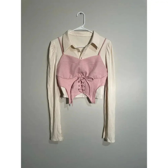Lazy Didi Tops - Lazy Didi Japanese Layered Pink Bustier Corset and Button Down Shirt